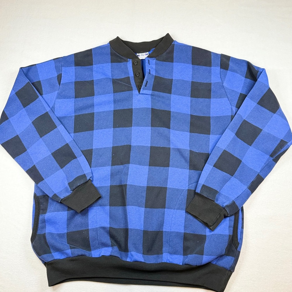 Vintage AU Sportswear Henley Sweatshirt XL Blue Black Buffalo Plaid Made in USA